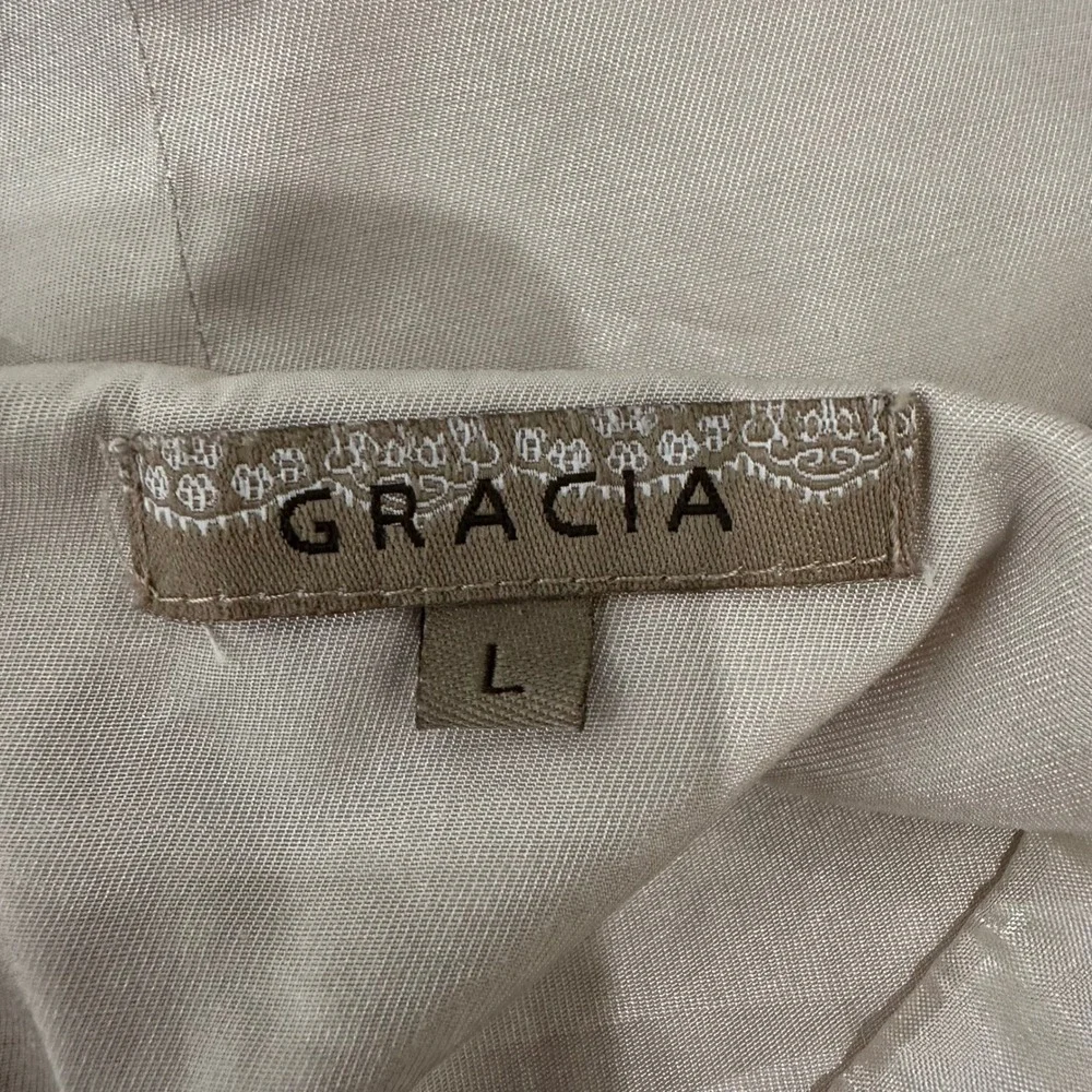 Gracia Champagne Satin Jacket Womens L Balloon Sleeve Bow Pocket Coquette Blouse